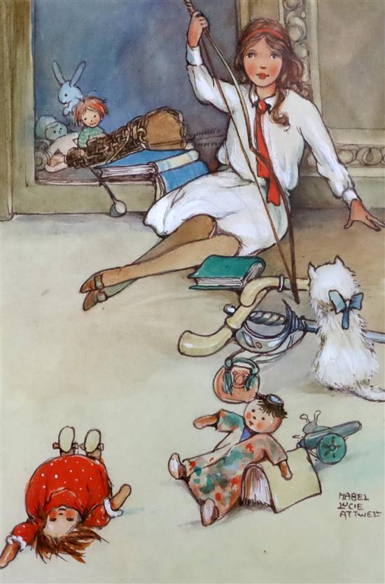 Mabel, Lucie Attwell (1879-1964). Two watercolour illustrations for the book Tabitha Smallways Schoolgirl,
